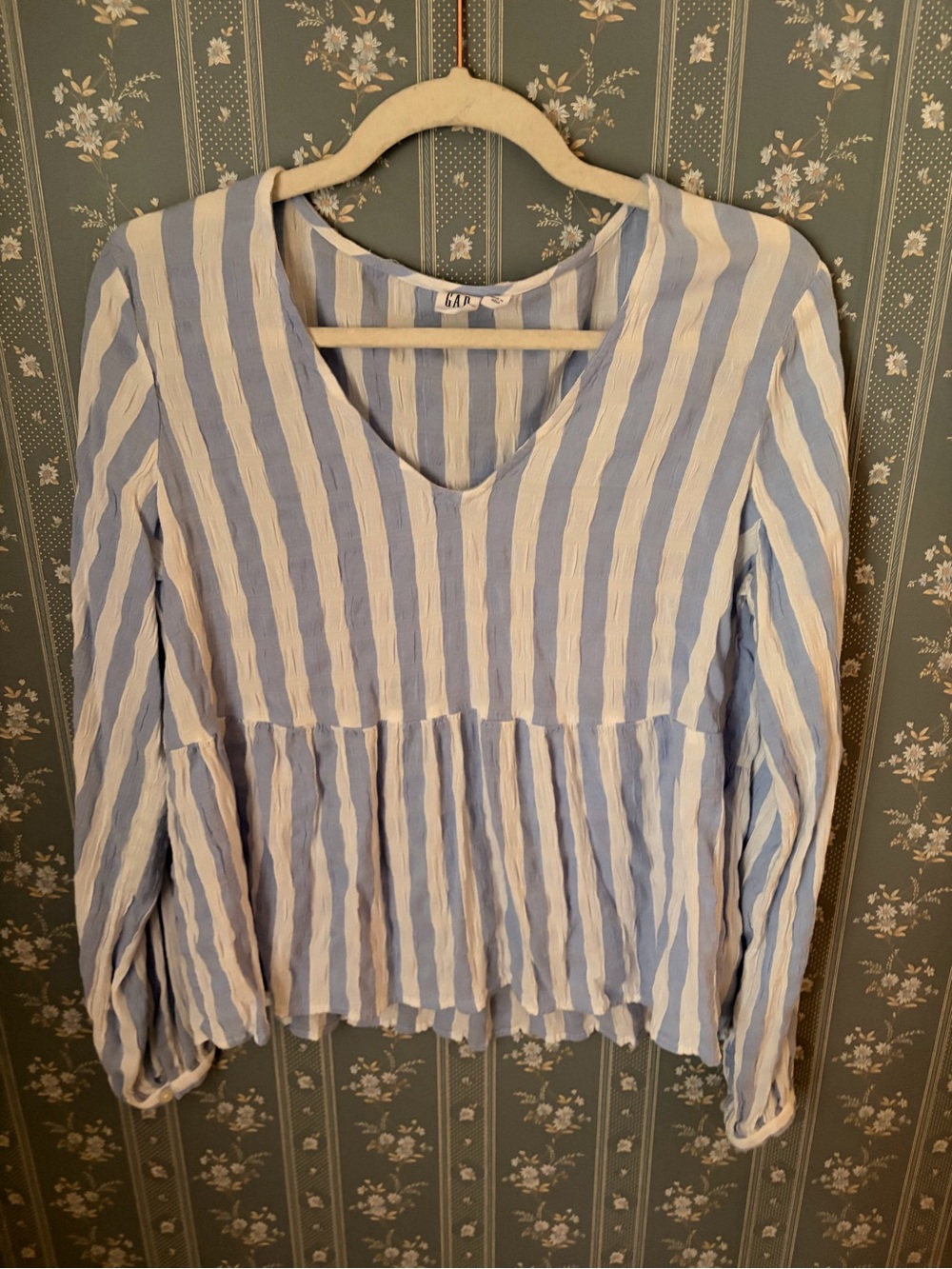 GAP Light Blue and White Striped V-Neck Peplum Blouse
